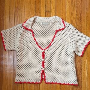 Cream Crochet Top with Red Trim